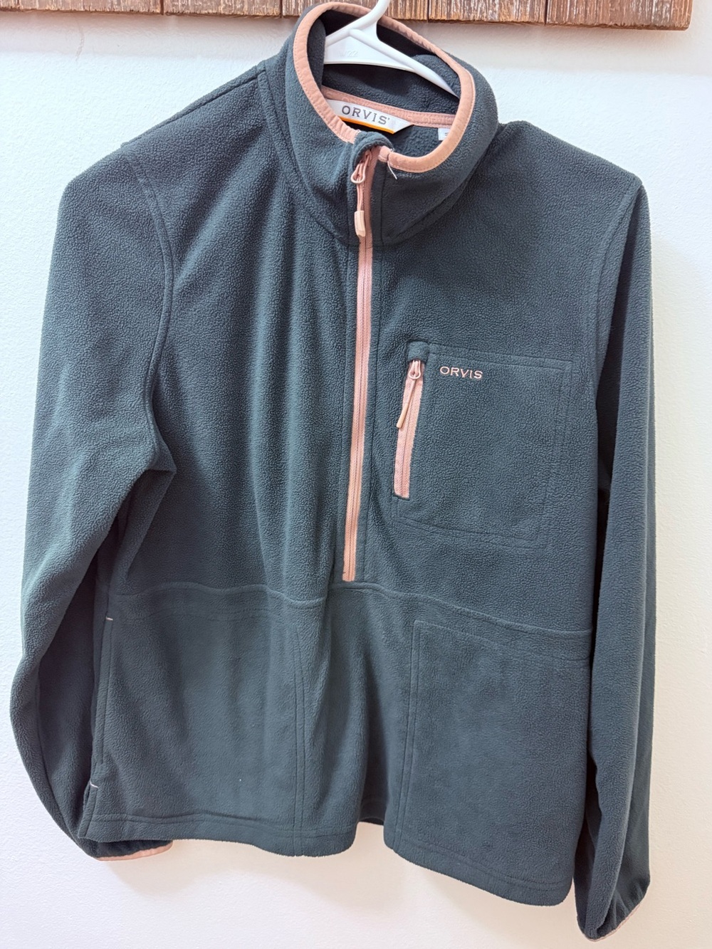 Orvis Half-Zip Fleece Pullover in Green with pink Trim